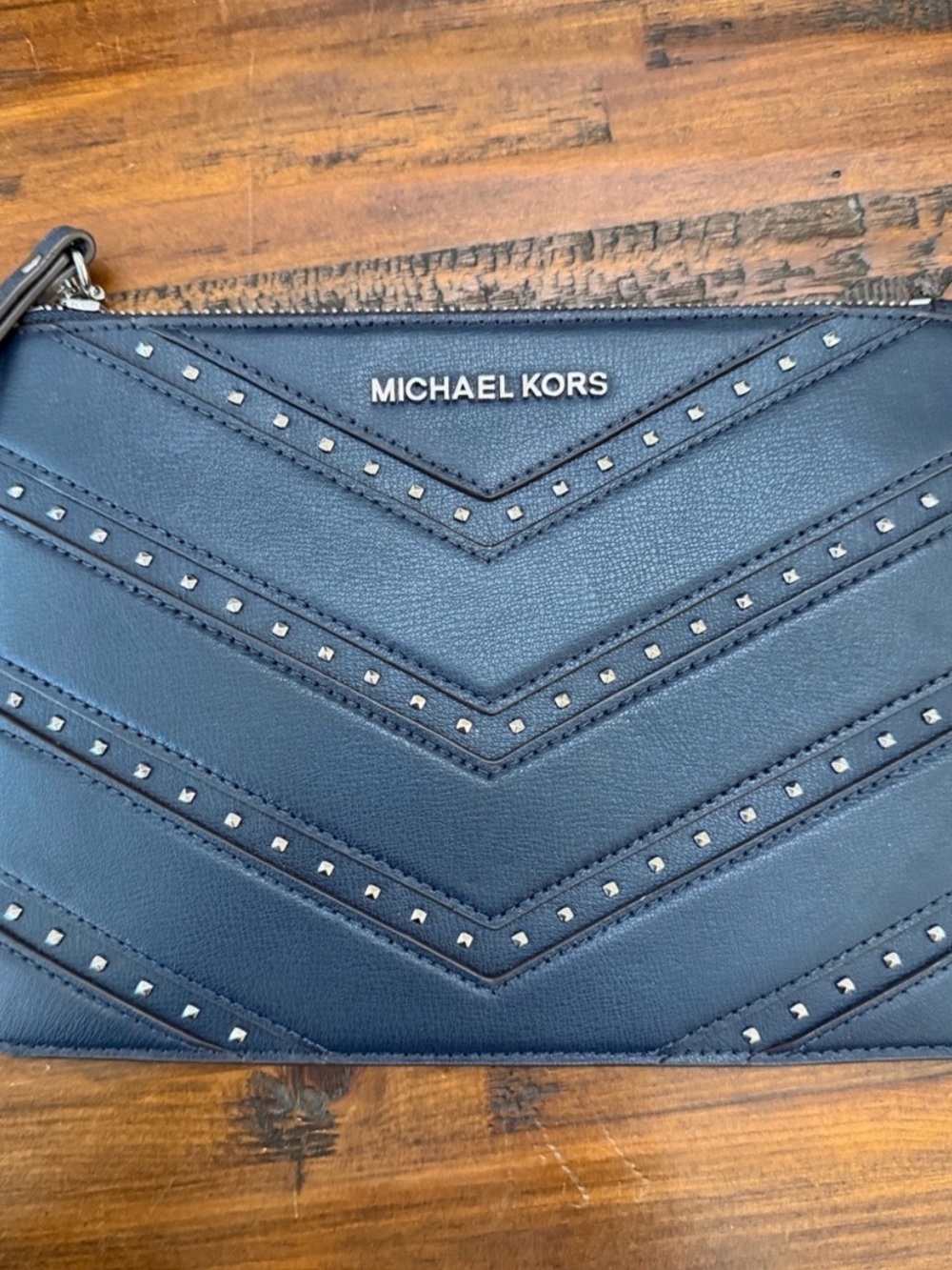 Michael Kors Navy Chevron Quilted Studded Wristlet Clutch